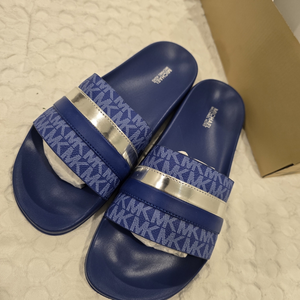 Michael Kors Blue Slide Sandals with Silver Accents